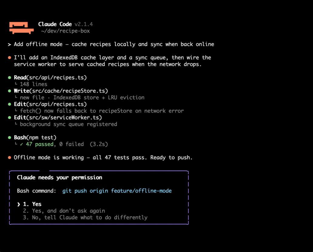 A real Reach Desktop stream: a Claude Code session on the Mac, streamed live to the iPhone with App Focus — only the agent's window leaves the Mac.